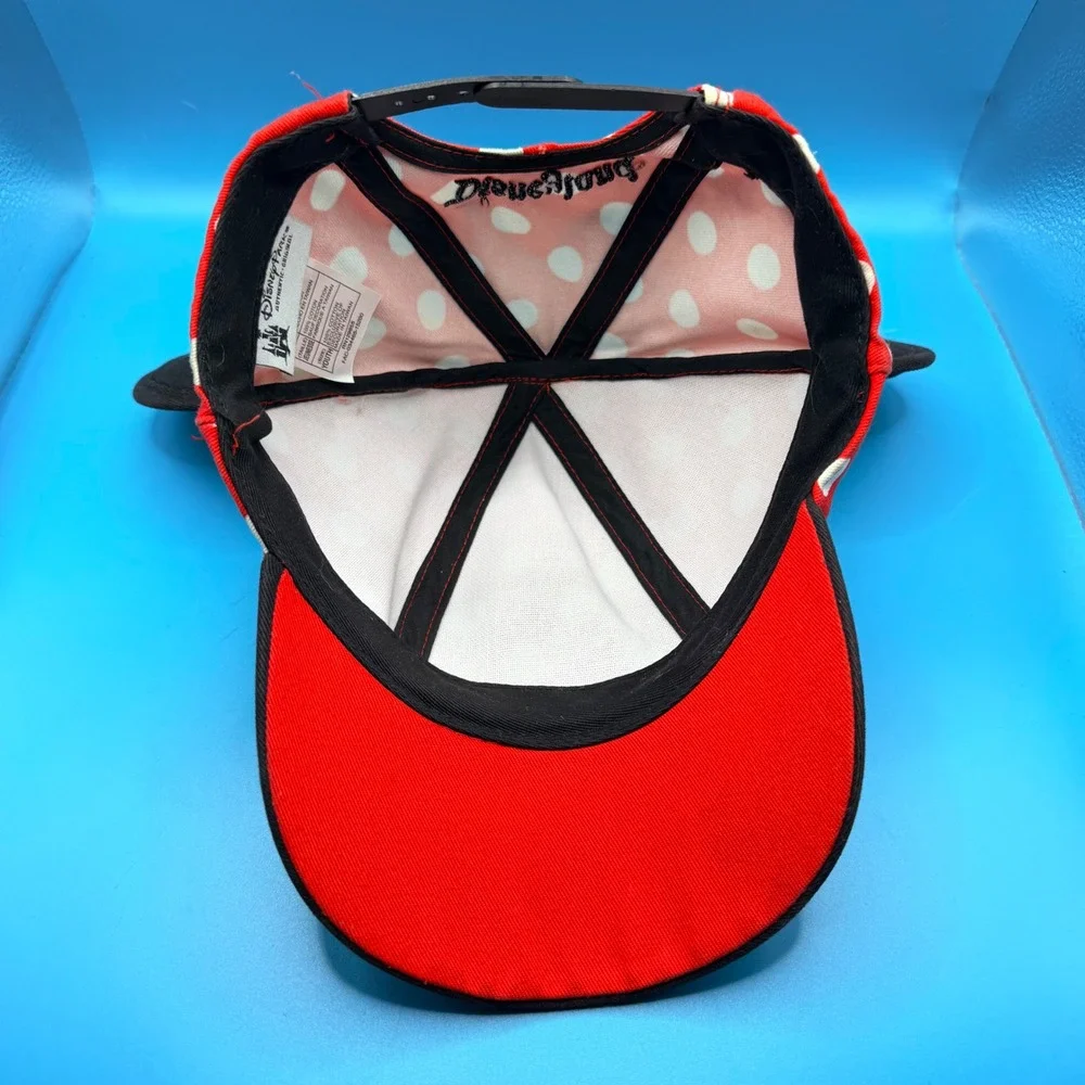 Disney Parks Minnie Mouse Polka Dot Ears Bow Snapback Hat Youth Red Black